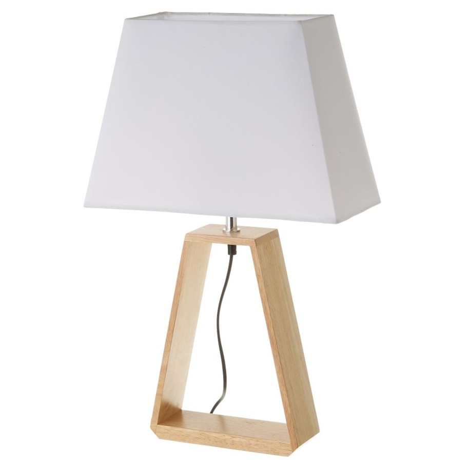 Candeeiro de Mesa com Base em Madeira Roble e Abajur Branco