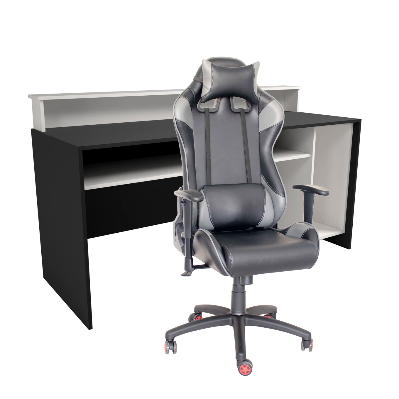 Mesa Gammer USB Premium Preto / Branco + Cadeira Gaming