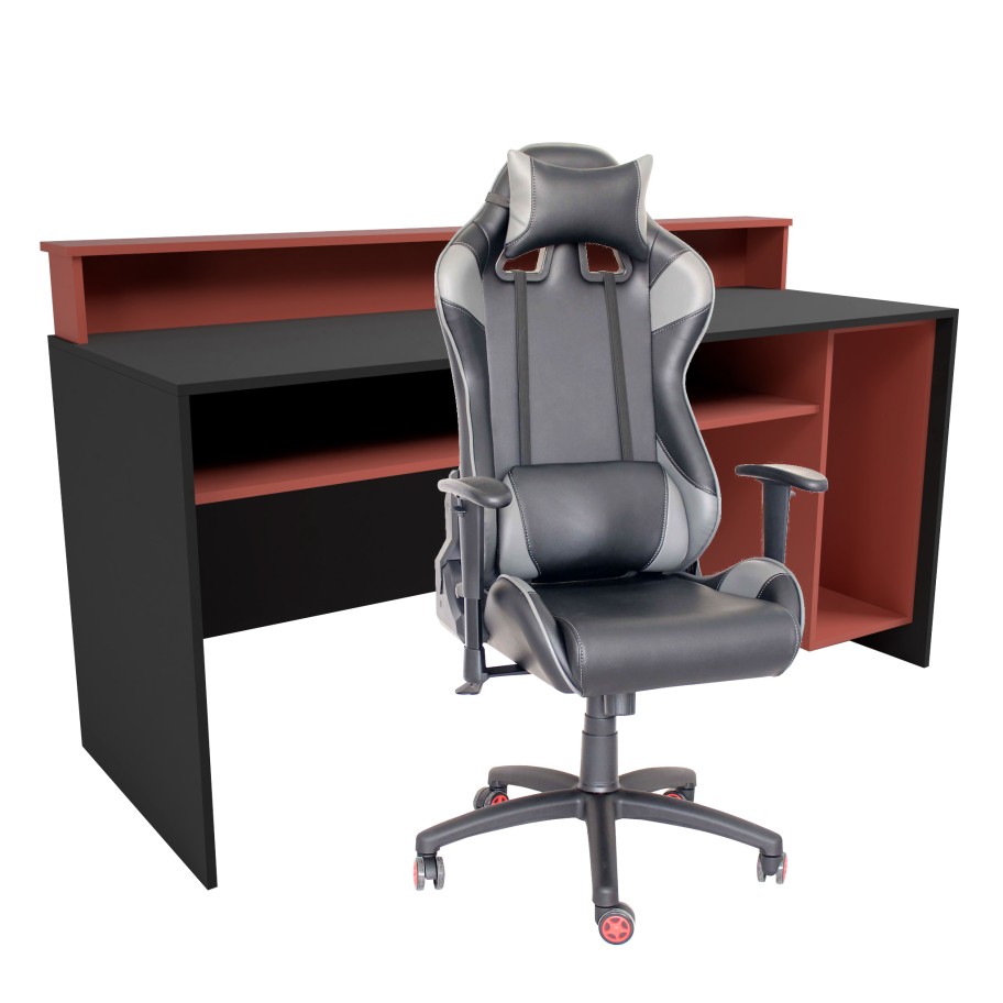 Mesa Gammer USB Premium Preto / Vermelho + Cadeira Gaming