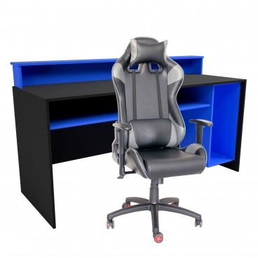 Mesa Gammer USB Premium Preto / Azul + Cadeira Gaming