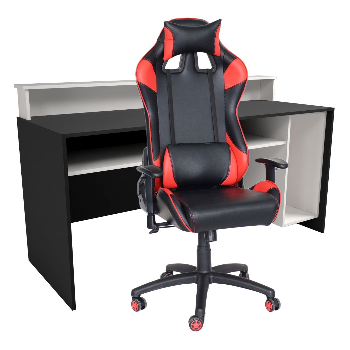 Mesa Gammer USB Premium Preto / Branco + Cadeira Gaming