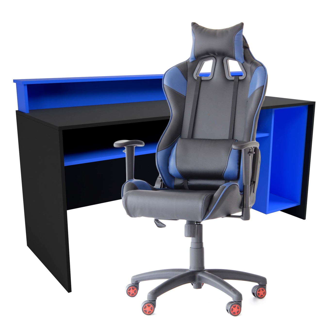 Mesa Gammer USB Premium Preto / Azul + Cadeira Gaming