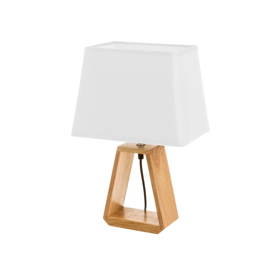 Candeeiro de Mesa com Base em Madeira e Abajur Branco