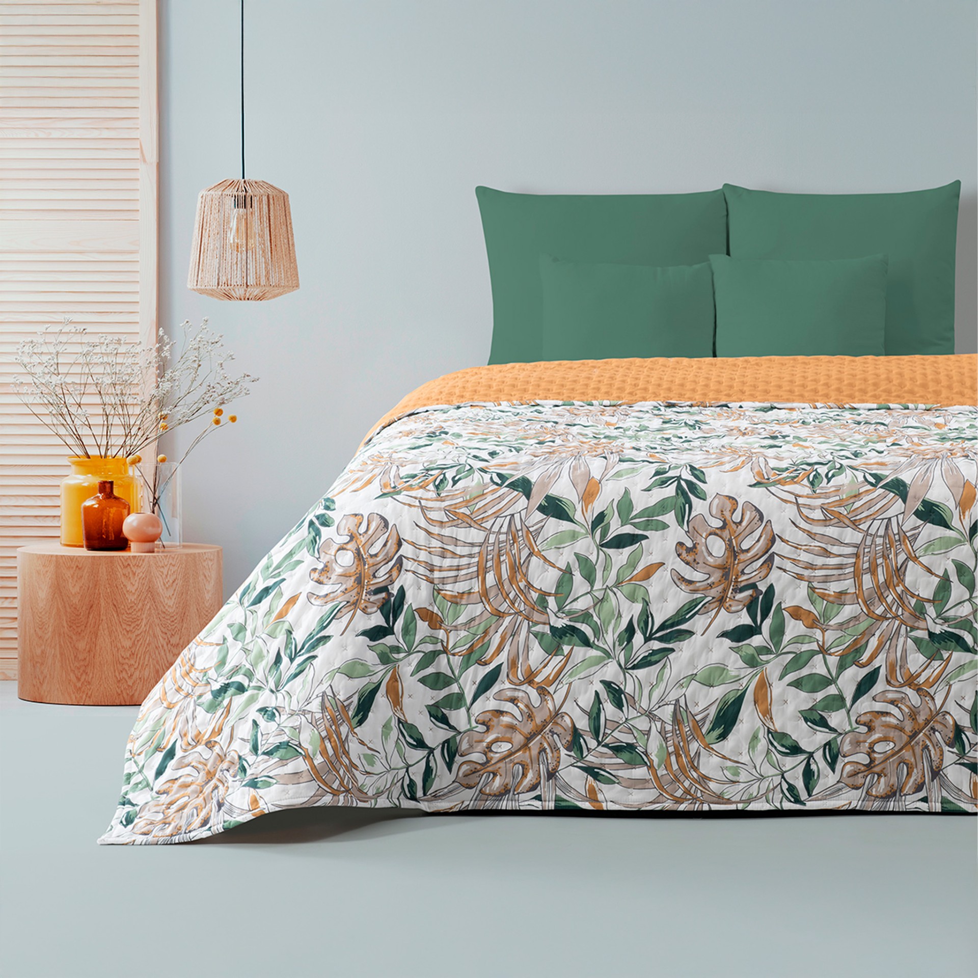 Cobertura Acolchoada Monstera Estampada - Cama Individual