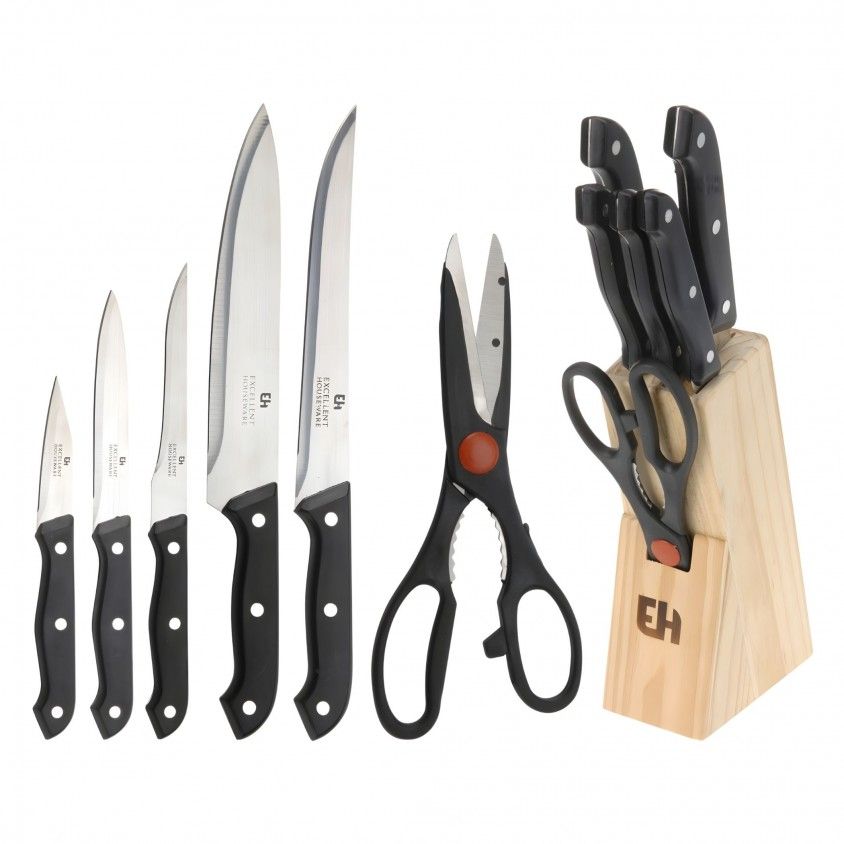 Conjunto 5 Facas e Tesoura Bloco de Madeira