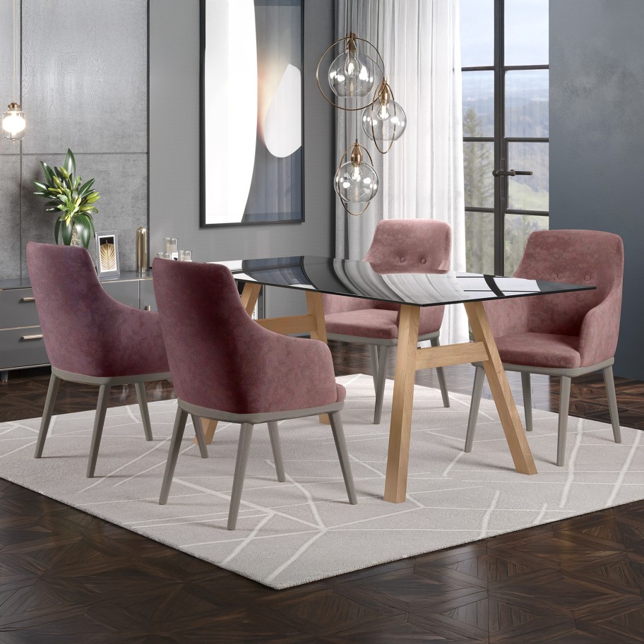 Mesa Caen Carvalho/Vidro Preto com 4 Cadeiras Modena