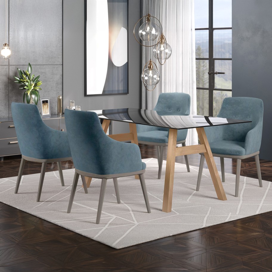 Mesa Caen Carvalho/Vidro Preto com 4 Cadeiras Modena