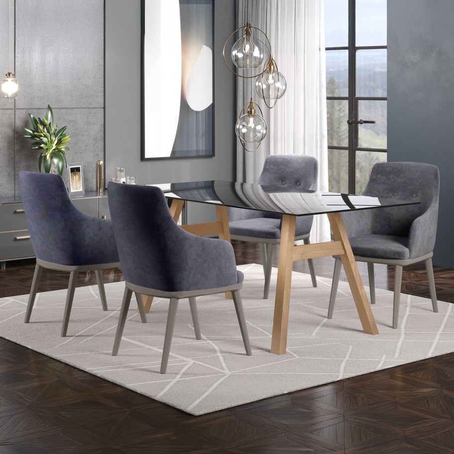 Mesa Caen Carvalho/Vidro Preto com 4 Cadeiras Modena