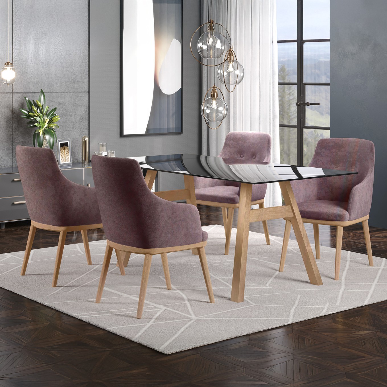Mesa Caen Carvalho/Vidro Preto com 4 Cadeiras Modena
