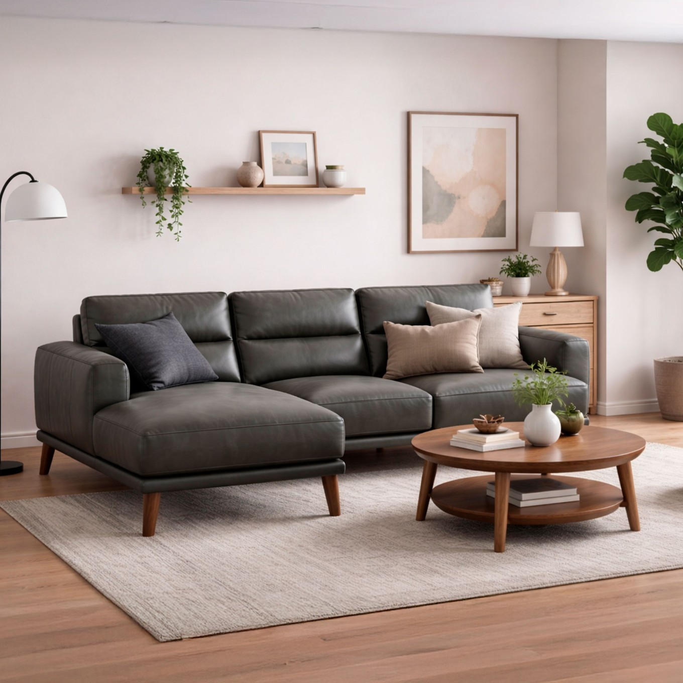 Sof� Chaise Longue Villanova Esquerda em Pele Cinza Escuro