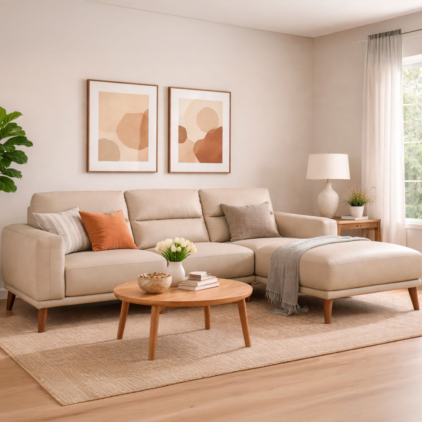 Sof� Chaise Longue Villanova Direita em Pele Creme