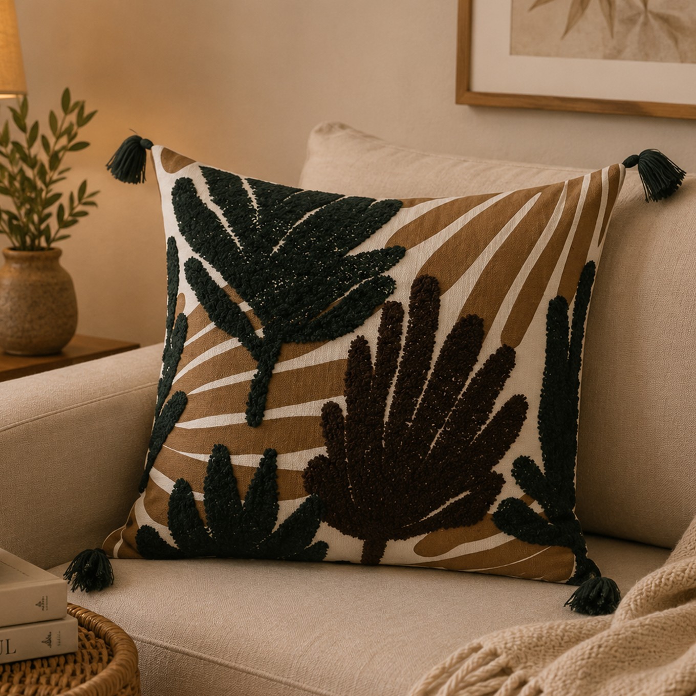 Almofada Algod�o Castanha com Aplica��es 45x45cm