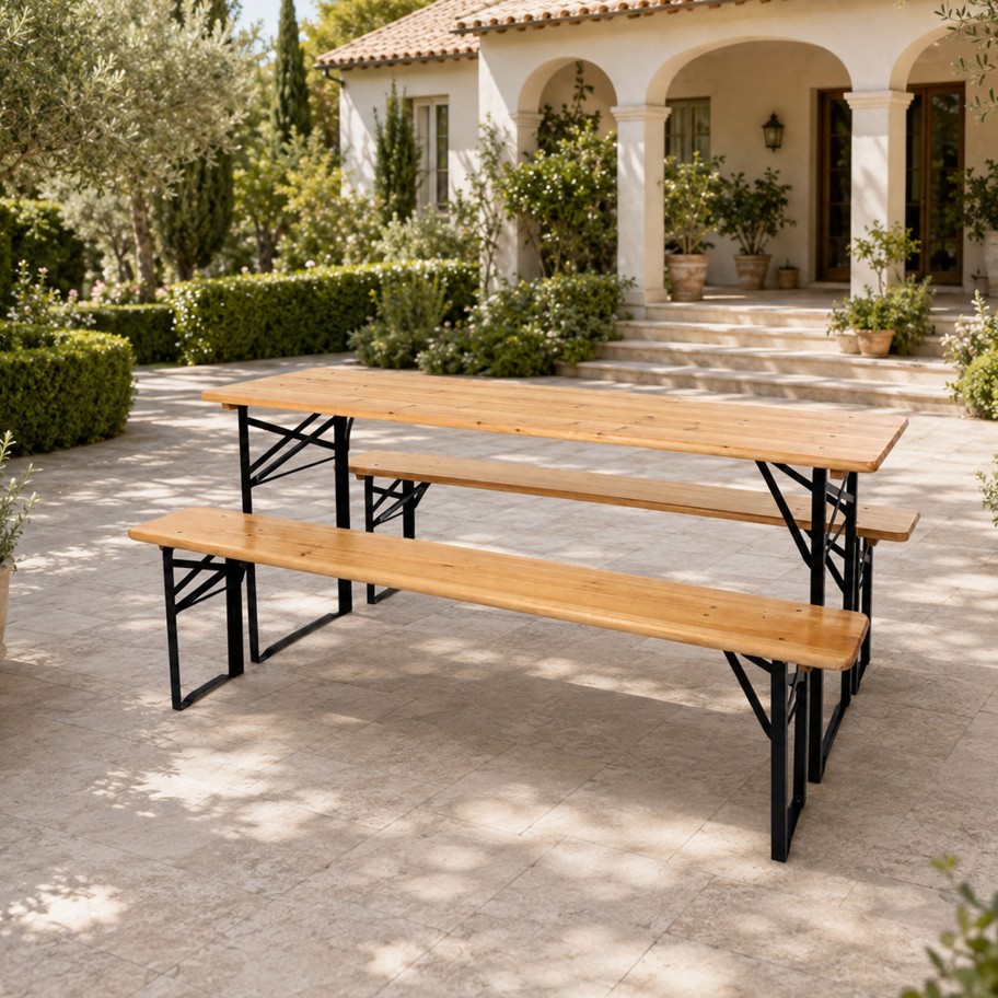 Conjunto de Refeição Mesa e Bancos Dobráveis de Madeira