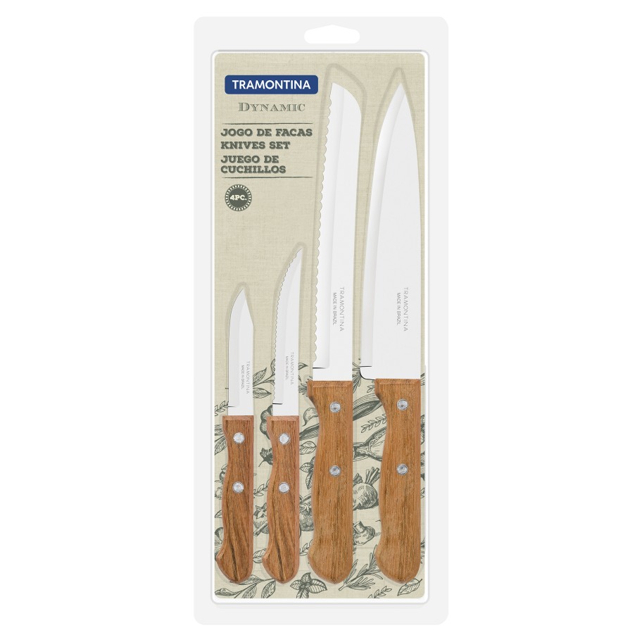 Conjunto de 4 Facas de Corte com Cabo Madeira