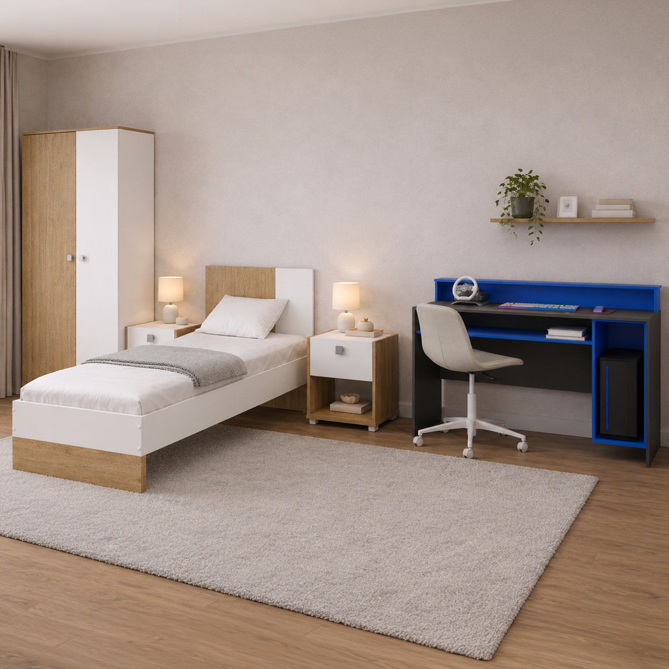 Quarto Dina Plus Branco/Carvalho + Mesa Gammer Premium