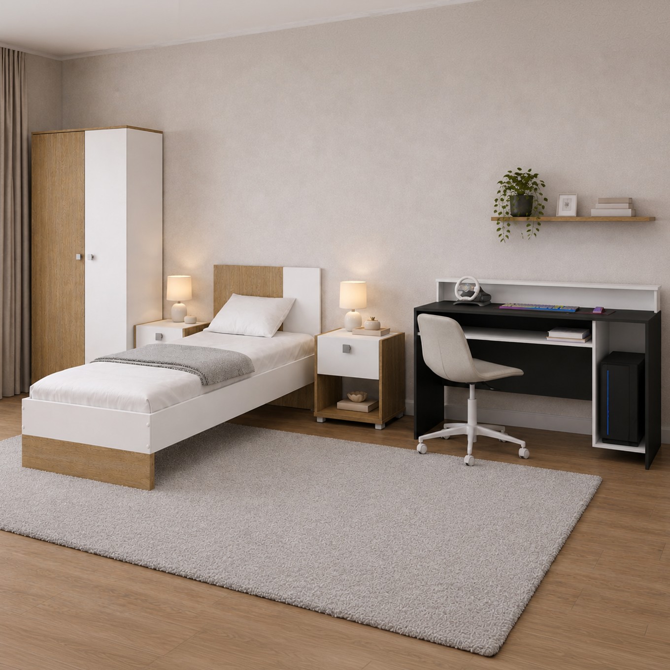 Quarto Dina Plus Branco/Carvalho + Mesa Gammer Premium