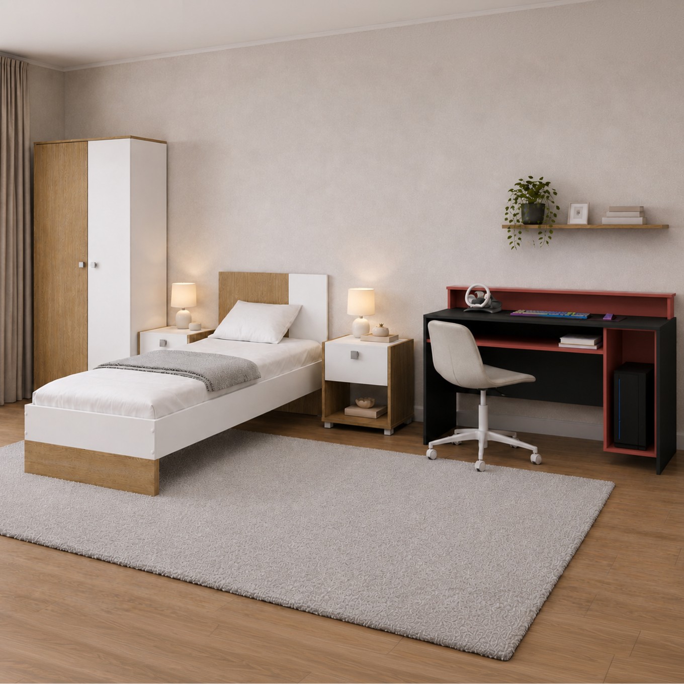 Quarto Dina Plus Branco/Carvalho + Mesa Gammer Premium