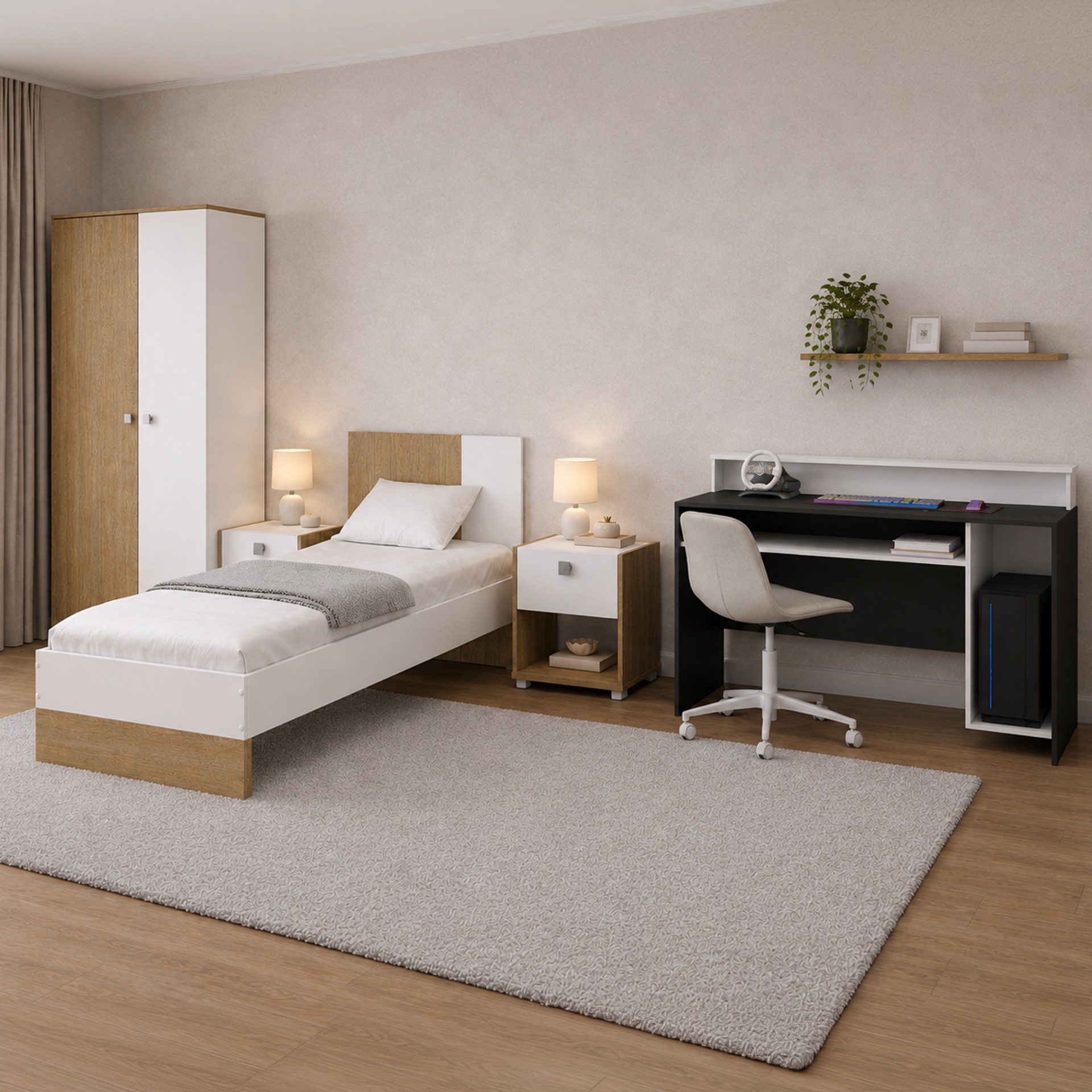 Quarto Dina Plus Branco/Carvalho + Mesa Gammer Premium