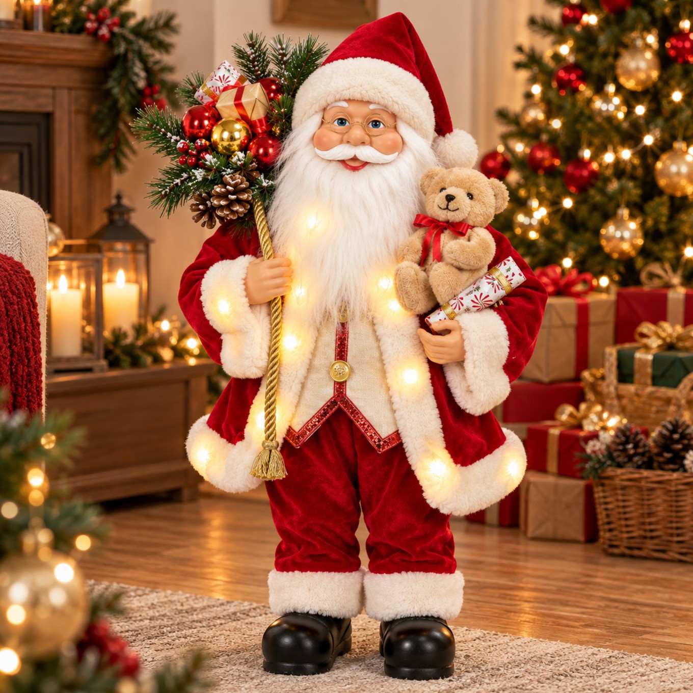 Pai Natal com Prendas e Luz 60cm