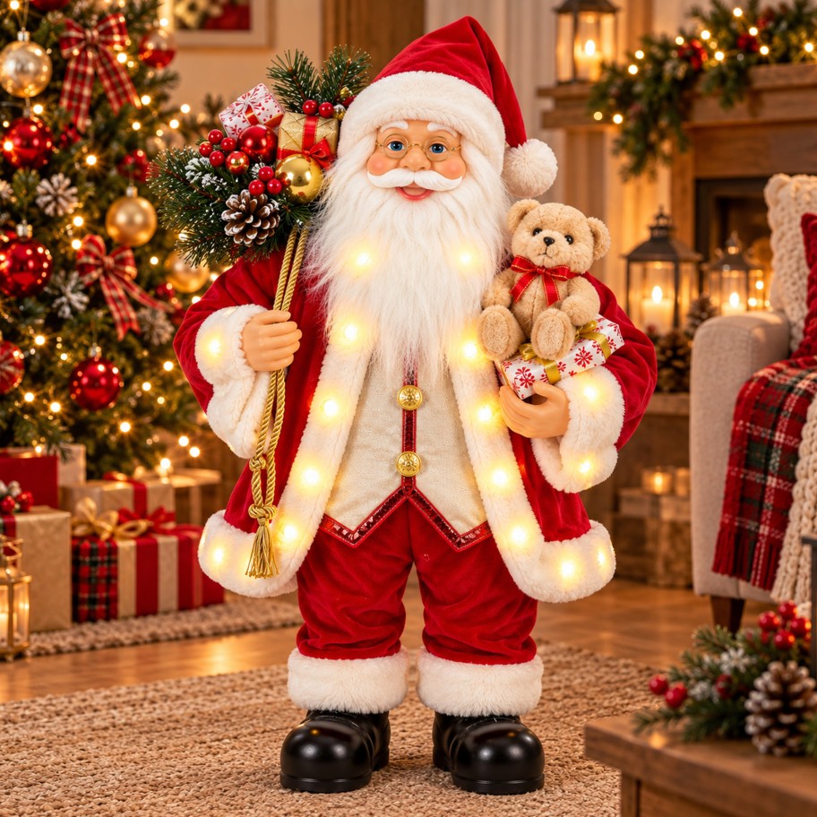 Pai Natal com Prendas e Luz 80cm
