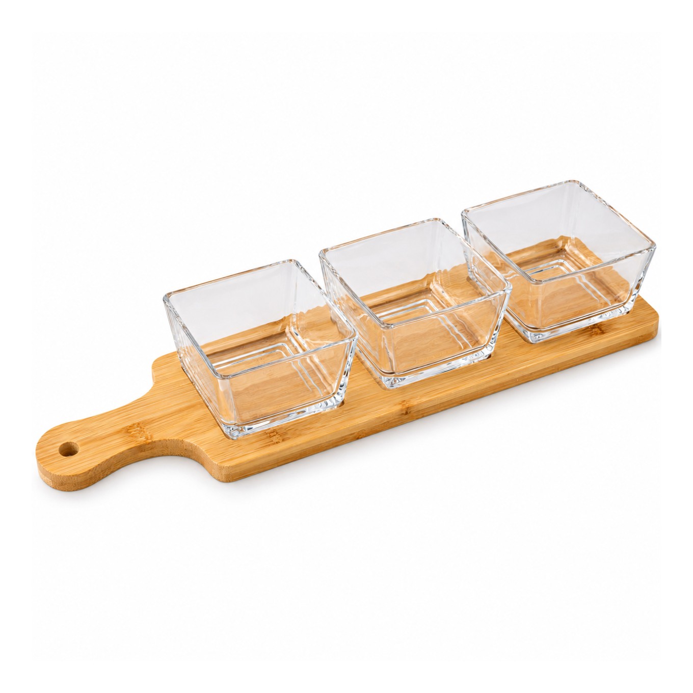 Conjunto de 3 Ta�as de Vidro e T�bua de Bambu