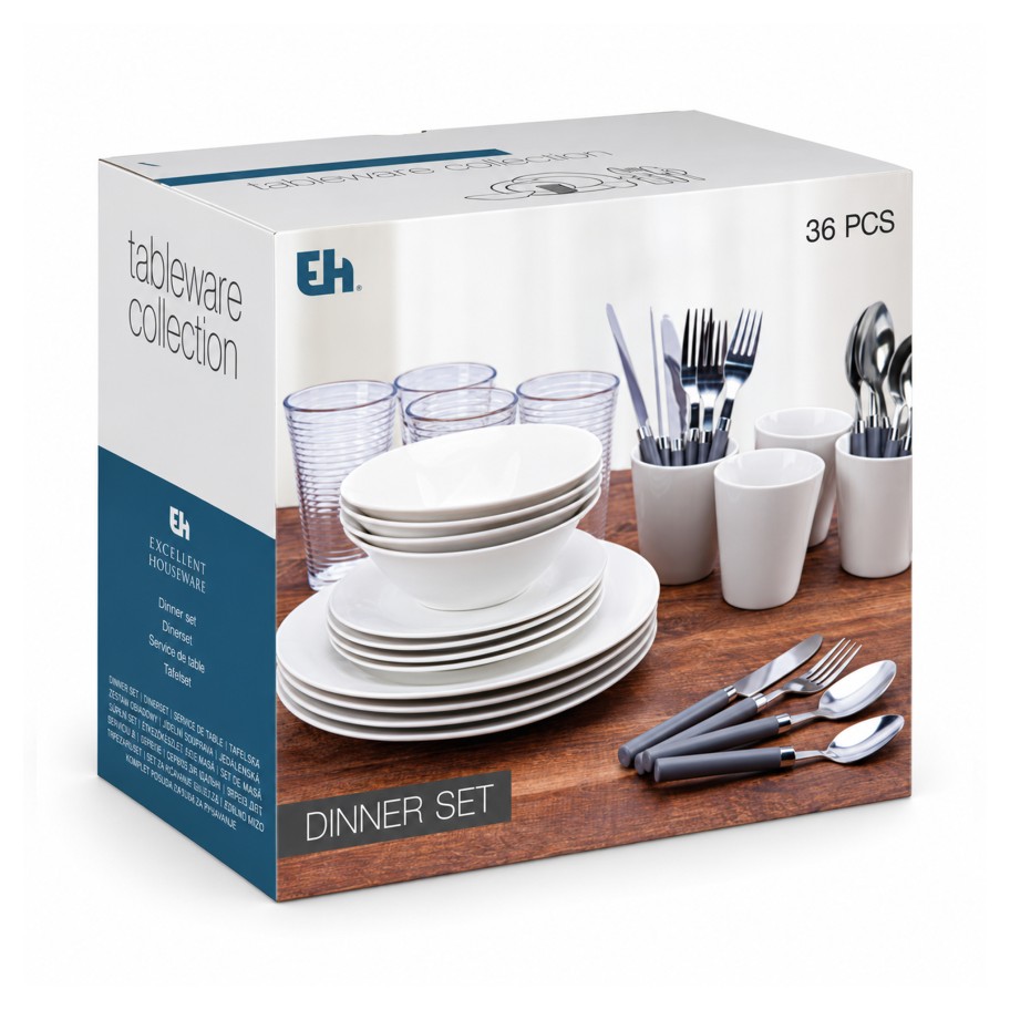 Conjunto de Jantar B�sico 36 Pe�as - com Pratos, Copos e Talheres