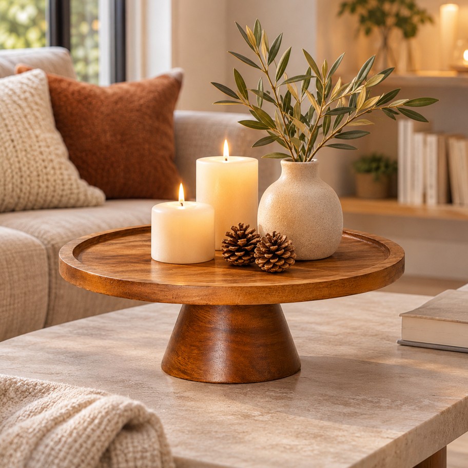 Prato de Servir com p� 38cm Madeira Natural
